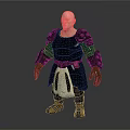 Bald Male Warrior Character Wearing Black Armor With Green Tunic And White Waist Apron