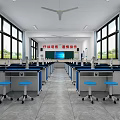 Modern Conference Room Featuring Long Tables Blue Stools Large Windows And Ceiling Fan 3d model
