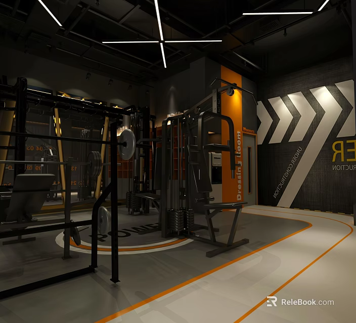Modern Gym Interior With Fitness Equipment Arrow Patterns Floor Lines And Motivation Text 3d model 
