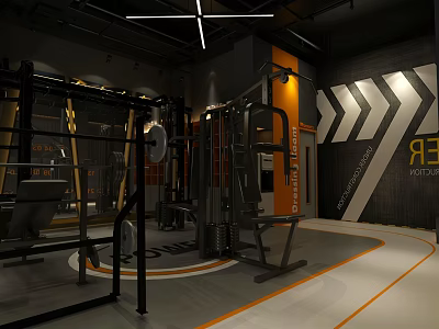Modern Gym Interior With Fitness Equipment Arrow Patterns Floor Lines And Motivation Text 3d model