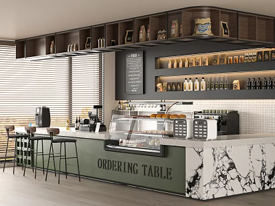 Modern Café Interior With Ordering Table Marble Counter Display Case Coffee Machine And Bar Stools 3d model