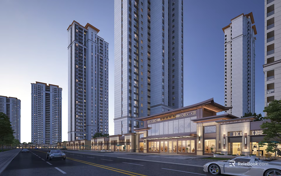 Modern Commercial Street with Surrounding High Rise Buildings Storefronts and Cars 3d model 
