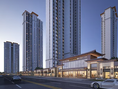 Modern Commercial Street with Surrounding High Rise Buildings Storefronts and Cars 3d model