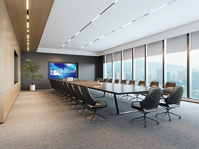 Modern Conference Room Interior Design With Long Table Black Chairs Large Screen And City View 3d model