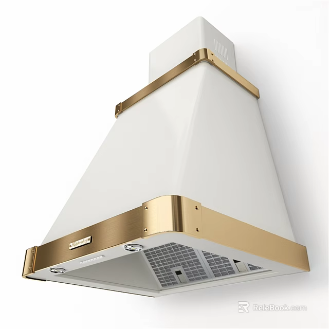 White Range Hood with Gold Trim and Wall Mounted Design for Modern Kitchens 3d model 