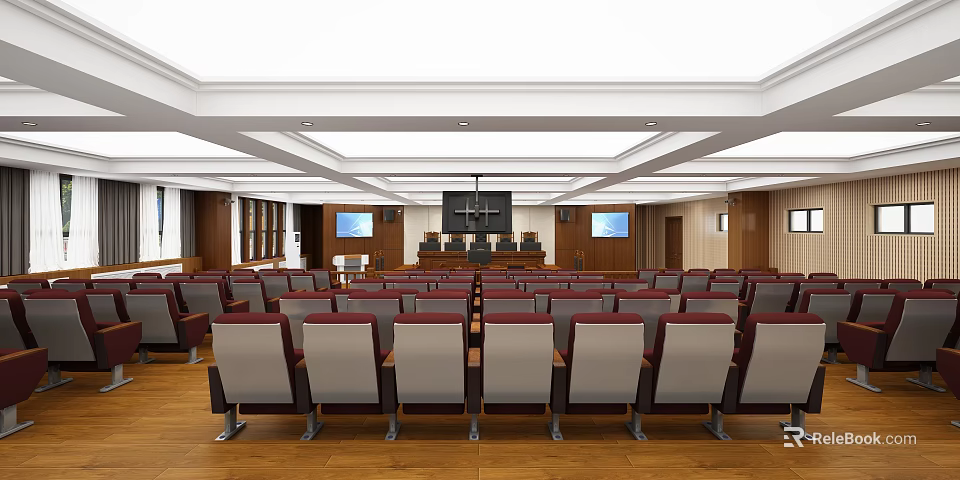 Courtroom Interior Design With Judge's Bench Audience Seats Screens And Wooden Floors 3d model 