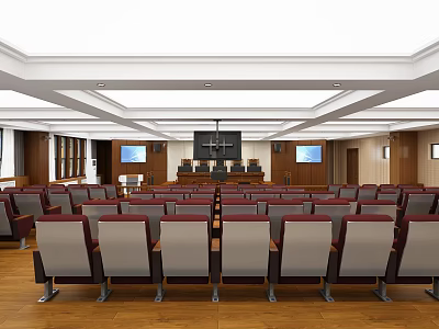 Courtroom Interior Design With Judge's Bench Audience Seats Screens And Wooden Floors 3d model