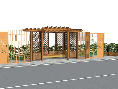 Wooden Bus Stop With Pergola Bench Decorative Lattice And Green Plants 3d model