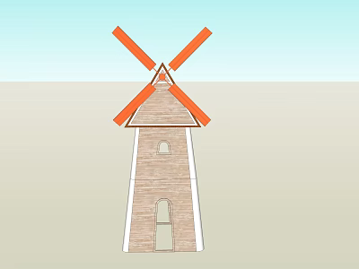 Windmill Tower Structure Featuring Red Rotating Blades and Small Rectangular Windows 3d model
