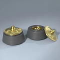 Elegant Three Piece Decorative Ornament Set With Black Base And Golden Open Lid