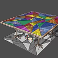 Colorful Geometric Roof Pergola with Tree like Wooden Pillars and Colorful Chairs