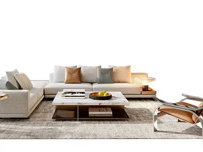 Modern Light Colored Sofa Coffee Table Set With Decorative Pillows And Area Rug 3d model