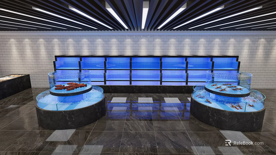 Restaurant Kitchen Interior With Blue Display Cases Round Marble Tables And Ceiling Lights 3d model