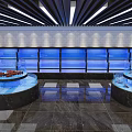 Restaurant Kitchen Interior With Blue Display Cases Round Marble Tables And Ceiling Lights 3d model