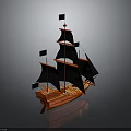 Classic Pirate Ship With Black Sails And Red Hull As Water Transport Vehicle