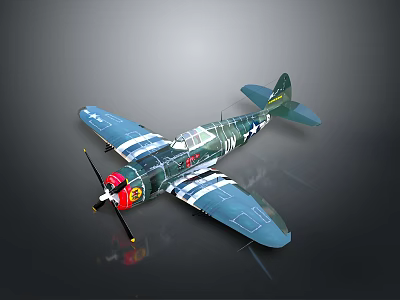 Detailed Space Aerospace Airplane Model with Blue Green Fuselage White Stripes and Red Propeller Nose 3d model
