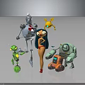 Vibrant Characters And Creatures Including Female Figure Robots Small Robot Flying Creature And Mechanical Vehicle