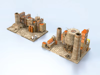Future Architecture Models Featuring Cylindrical Towers And Orange Pipe Structures 3d model