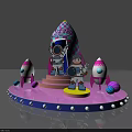Cotton Candy Planet Themed Rocket Display With Astronauts And Small Rockets On Pink Platform