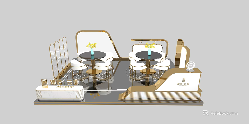 Modern Luxury Exhibition Booth Design With Gold Accents Round Tables And White Seats 3d model 