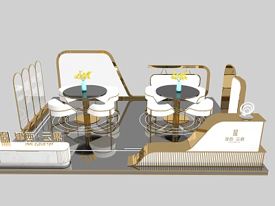 Modern Luxury Exhibition Booth Design With Gold Accents Round Tables And White Seats 3d model