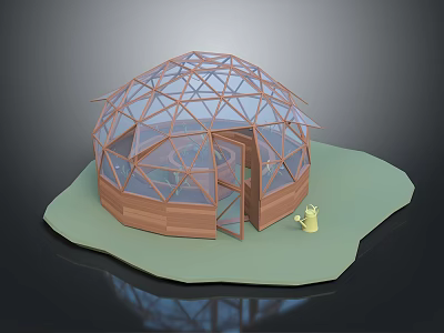 Glass Dome Greenhouse Structure With Wooden Frame Glass Panels And Small Yellow Object 3d model