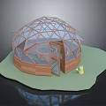 Glass Dome Greenhouse Structure With Wooden Frame Glass Panels And Small Yellow Object