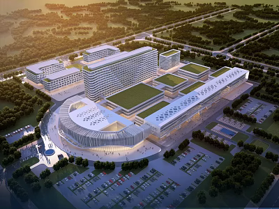Spacious Large Building Complex With Green Roof And Parking Area Surrounded By Trees 3d model