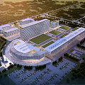 Spacious Large Building Complex With Green Roof And Parking Area Surrounded By Trees