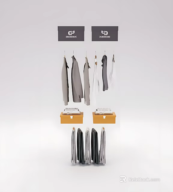 Neatly Hanging Gray And Black Clothes With Wooden Storage Boxes In Wardrobe Area 3d model 