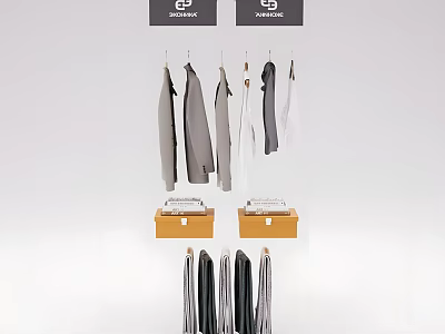 Neatly Hanging Gray And Black Clothes With Wooden Storage Boxes In Wardrobe Area 3d model