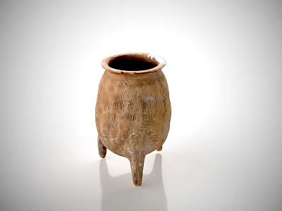 Ancient Earthenware Textured Cup With Three Legs On White Reflective Surface 3d model