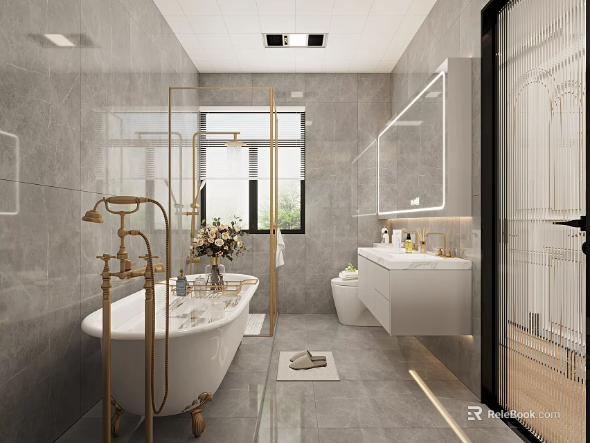 Modern Bathroom Interior Design With Freestanding Bathtub Marble Vanity And Wall Mirror 3d model 