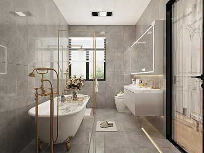 Modern Bathroom Interior Design With Freestanding Bathtub Marble Vanity And Wall Mirror 3d model