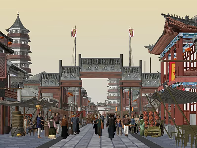 Traditional Chinese Commercial Street With Archway Pagoda Traditional Buildings And Pedestrians 3d model