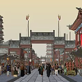 Traditional Chinese Commercial Street With Archway Pagoda Traditional Buildings And Pedestrians