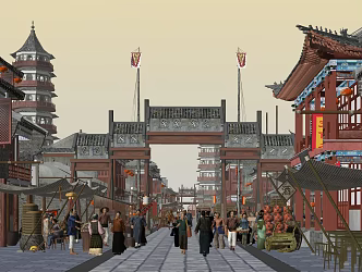 Chinese Commercial Street Ancient City Chang'an Street Market Yamen Ancient Commercial Figures 3d model
