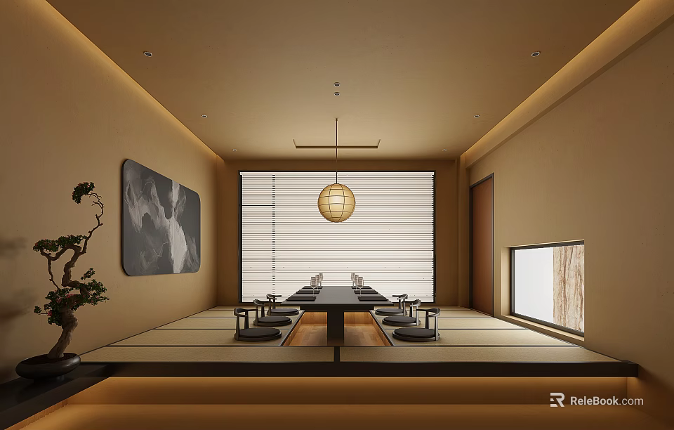 Japanese Style Tea Room With Tatami Long Table Lantern Pendant Light Wall Painting And Bonsai Plant 3d model 