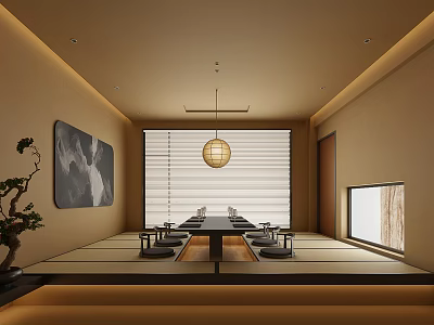 Japanese Style Tea Room With Tatami Long Table Lantern Pendant Light Wall Painting And Bonsai Plant 3d model