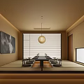 Japanese Style Tea Room With Tatami Long Table Lantern Pendant Light Wall Painting And Bonsai Plant