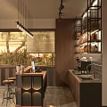 Elegant Modern Restaurant Interior With Wooden Geometric Walls Hanging Lights And Dining Tables