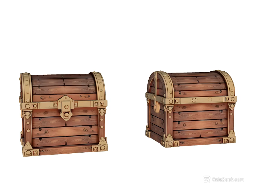 Two Vintage Wooden Treasure Chests With Metal Accents And Lock Design 3d model 