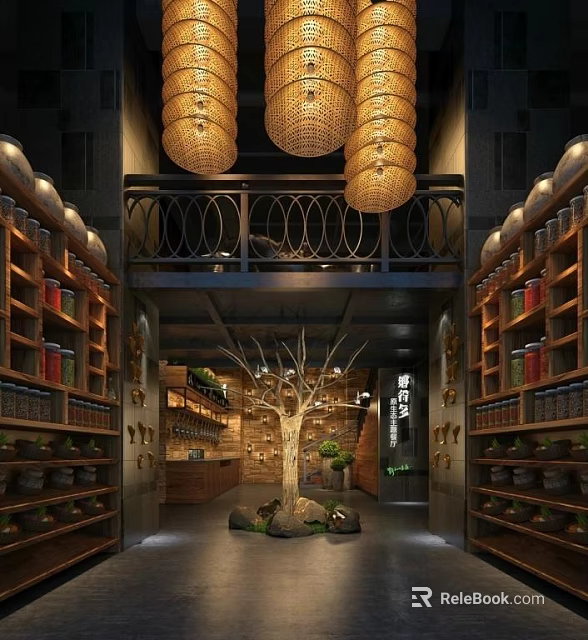 Elegant Hotel Lobby Interior With Hanging Lanterns Decorative Tree Upper Balcony And Wooden Shelves 3d model 