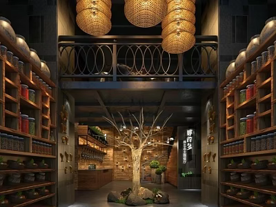 Elegant Hotel Lobby Interior With Hanging Lanterns Decorative Tree Upper Balcony And Wooden Shelves 3d model