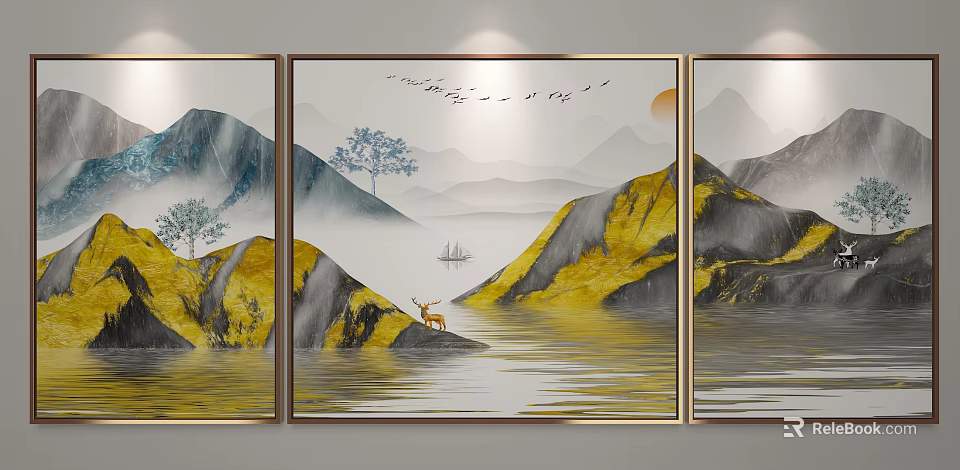 Traditional Chinese Landscape Triptych With Deer Boat Sun And Misty Water 3d model 