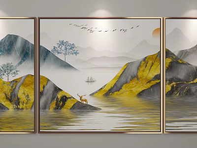 Traditional Chinese Landscape Triptych With Deer Boat Sun And Misty Water 3d model