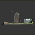 Rural Scene Model With Wooden Windmill Cabin Tractor Trailer And Grass Path