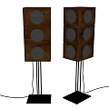 Pair of Modern Home Audio Brown Wooden Finish Speakers with Multiple Drivers and Metal Stands