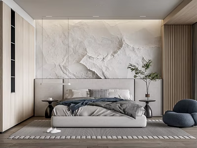 Minimalist Bedroom Interior Featuring Marble Texture Wall Wooden Elements Blue Accent Chair And Green Plant 3d model