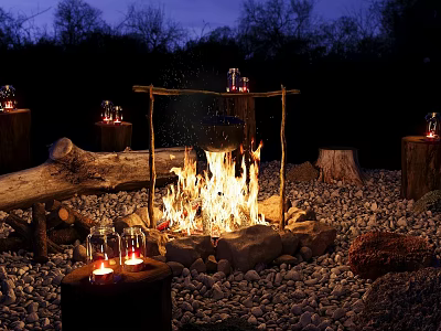 Outdoor Nighttime Campfire Scene With Stone Circle Wooden Stumps And Lit Lanterns 3d model